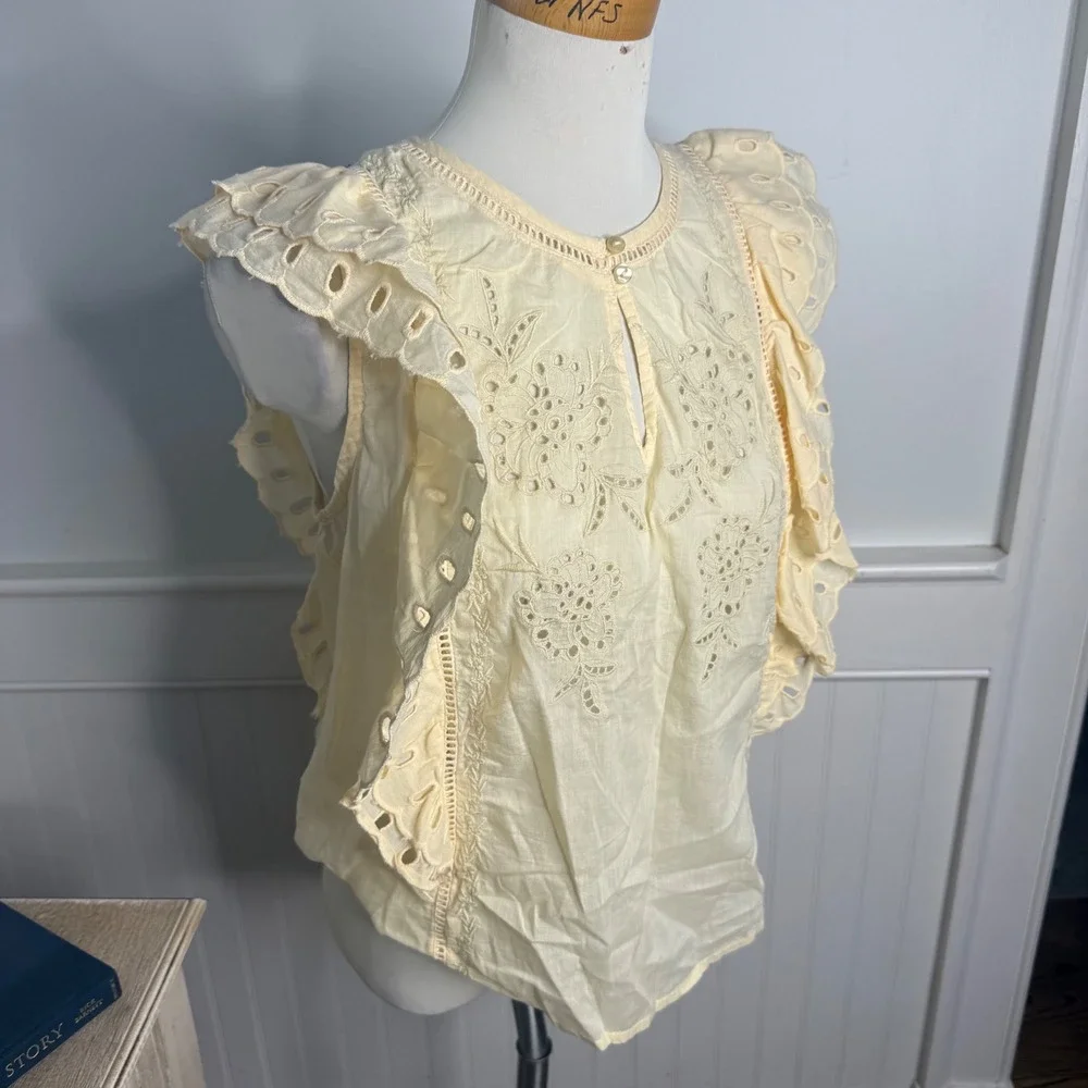 Calypso St Barth Yellow Cotton Eyelet Ruffle Flutter Sleeve Blouse Medium NWT